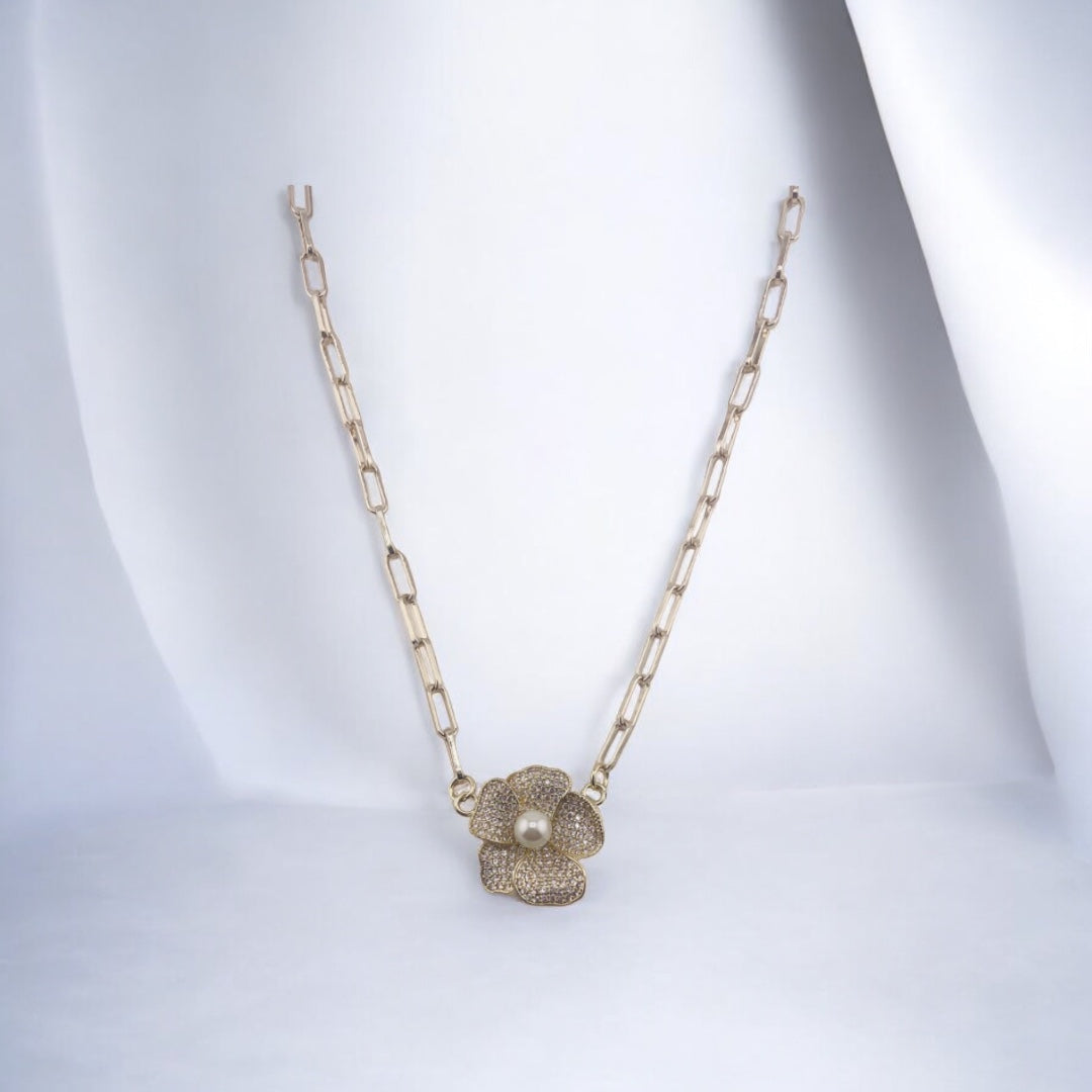 Brass, Rhodium Finish, Zircon, Pearl, Hawaiian Flower, Pendant, Necklace