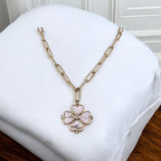 Brass, Rhodium Finish, Zircon, Mother of Pearl, Heart Clover, Pendant, Necklace