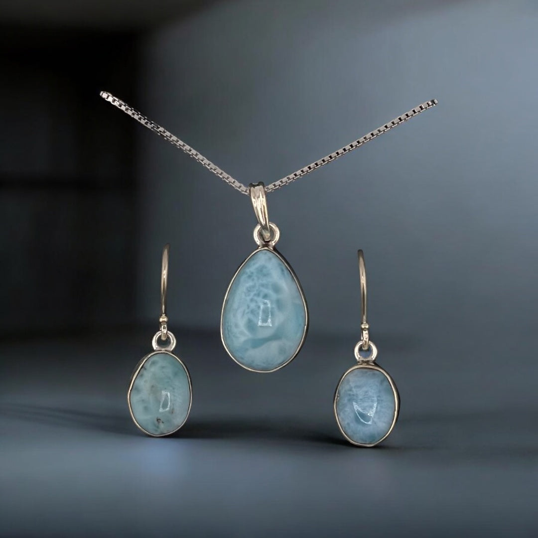 Sterling Silver, Larimar, Oval Stone, Pendant, Necklace, Earrings, Set