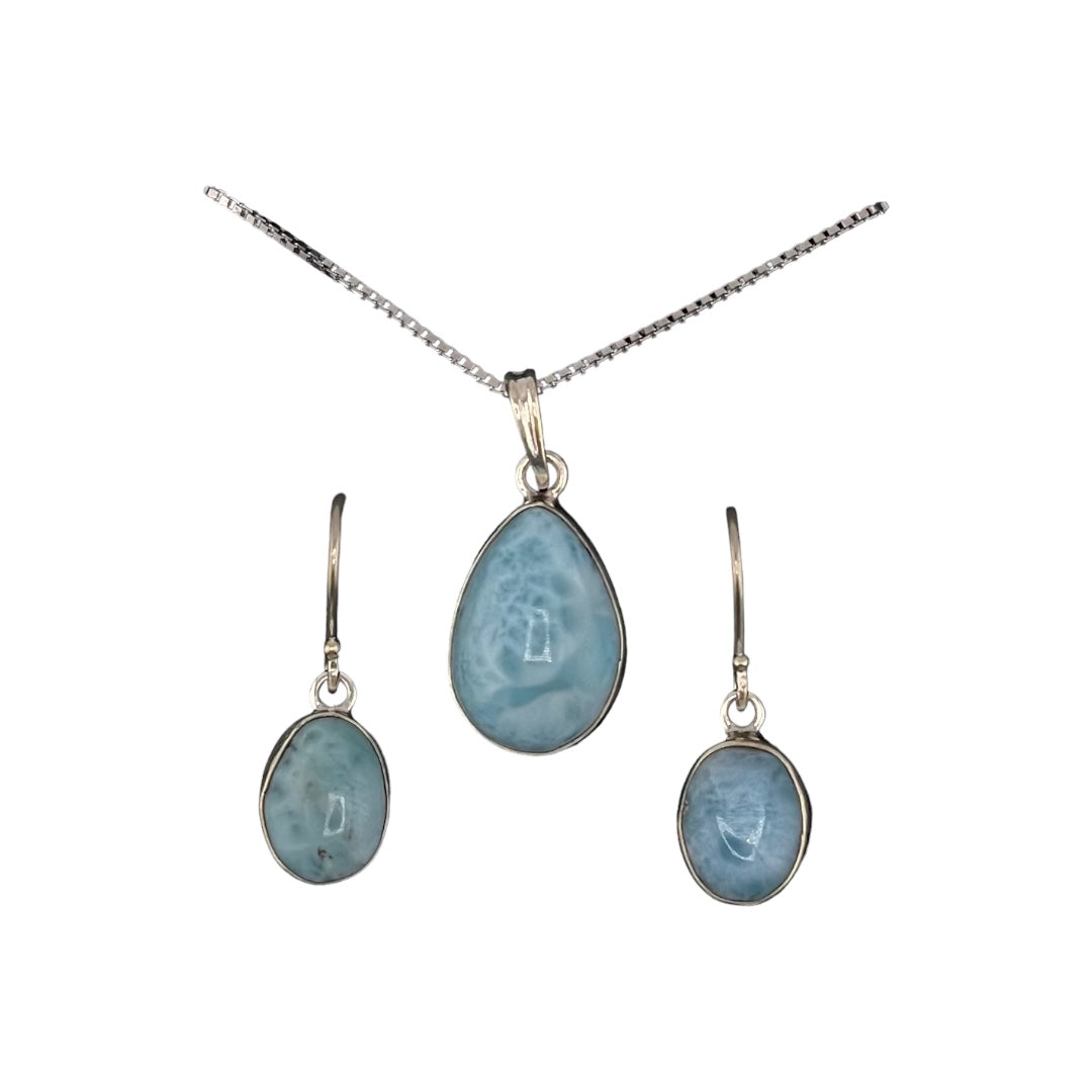 Sterling Silver, Larimar, Oval Stone, Pendant, Necklace, Earrings, Set