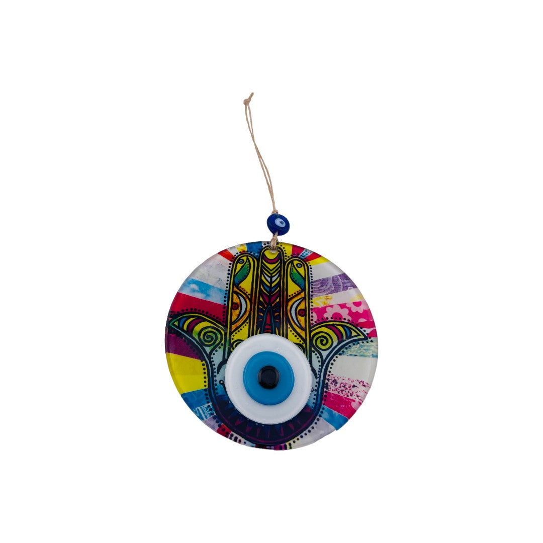 Vibrant Yellow Hamsa and Eye Design on Round Glass, Multicolor Accents, Protection, Cultural Decor, Birthday Gift