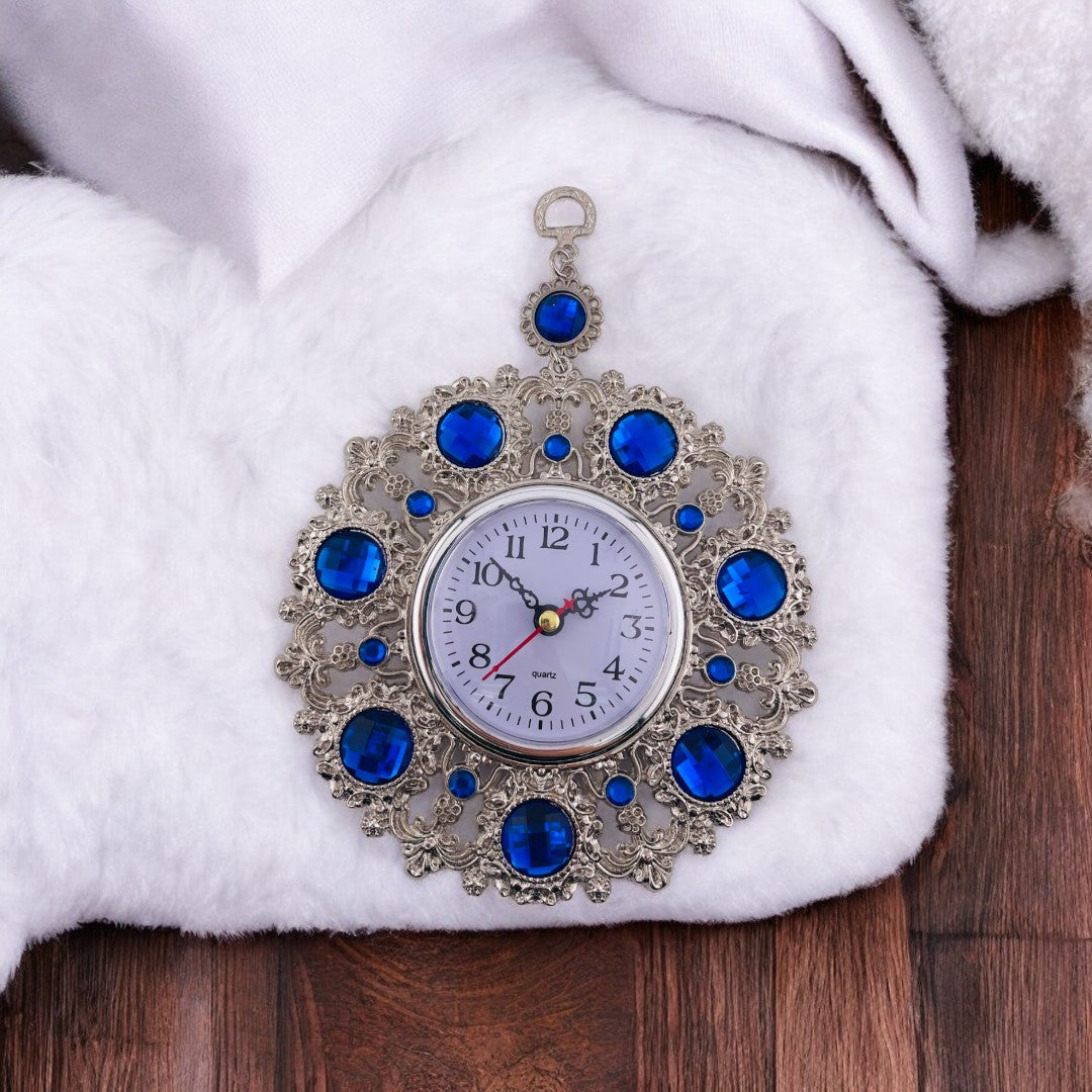 Silver, Clock, Blue Accents, Wall Ornament, Housewarming Gift