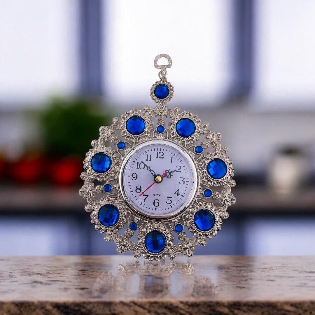 Silver, Clock, Blue Accents, Wall Ornament, Housewarming Gift