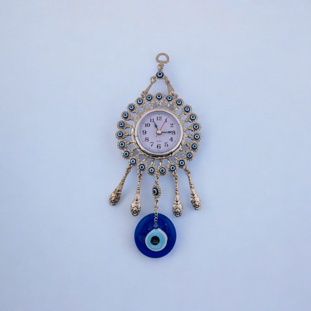 Silver, Clock, Evil Eyes, Tassels, Wall Ornament, Home Protection