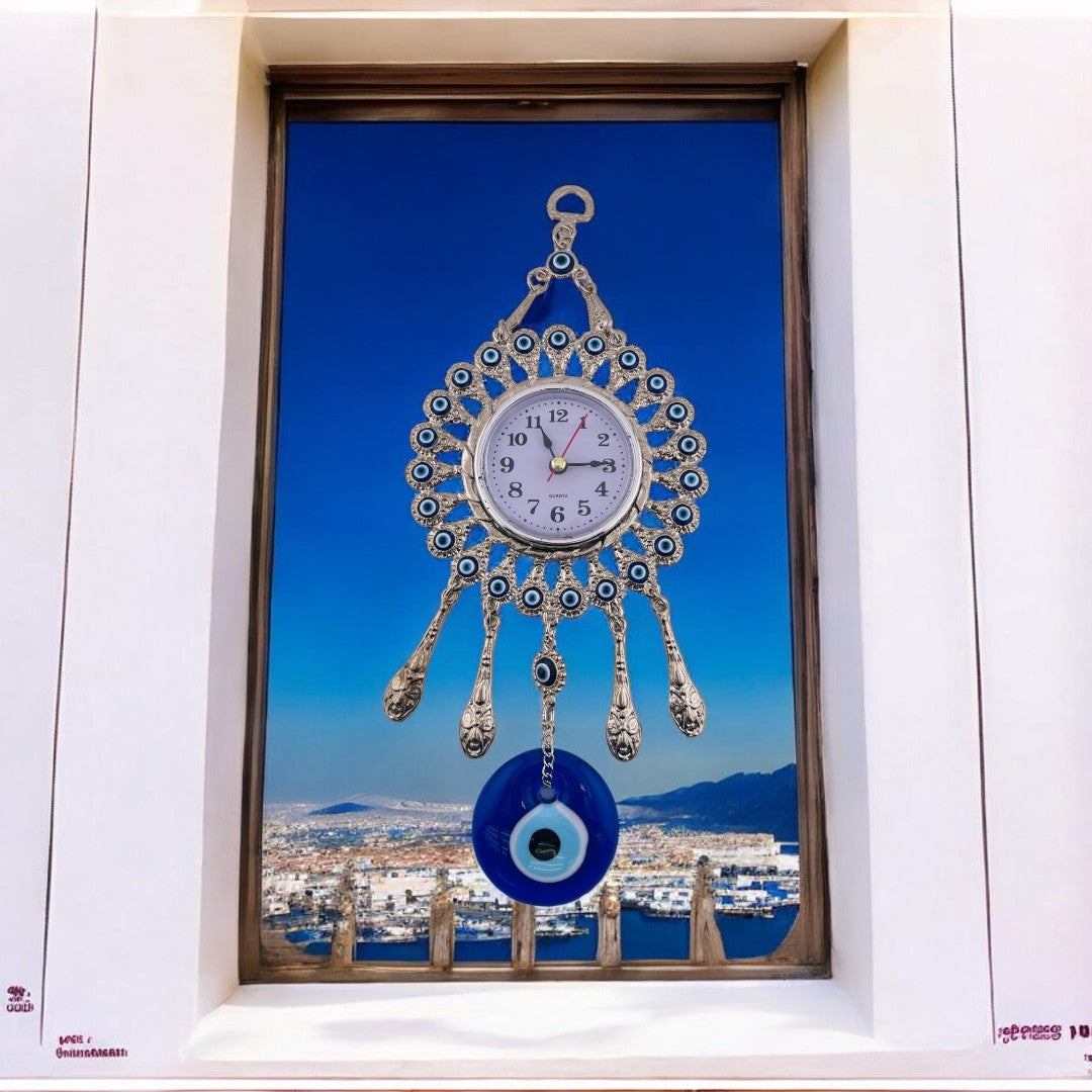 Silver, Clock, Evil Eyes, Tassels, Wall Ornament, Home Protection