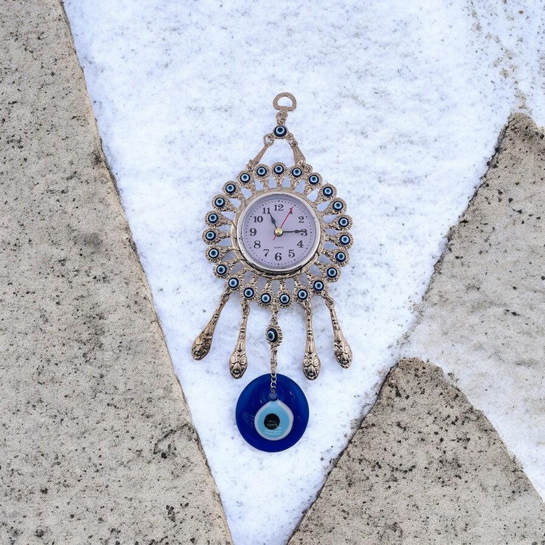 Silver, Clock, Evil Eyes, Tassels, Wall Ornament, Home Protection