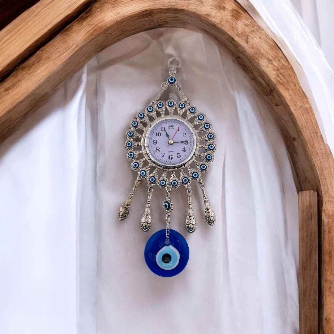 Silver, Clock, Evil Eyes, Tassels, Wall Ornament, Home Protection
