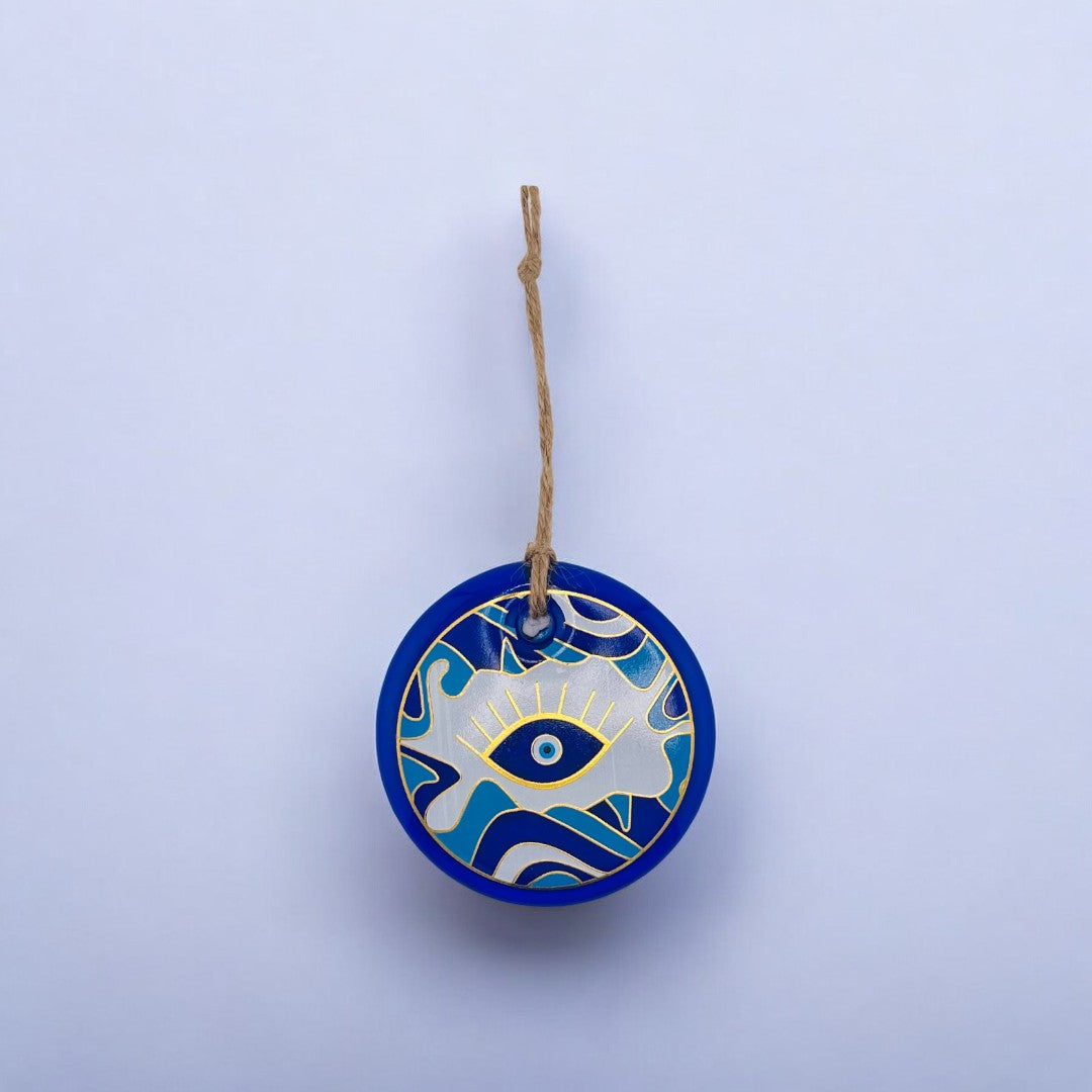 Handmade, Round Evil Eye, Pattern Glass, Wall Ornament, Ocean Blues