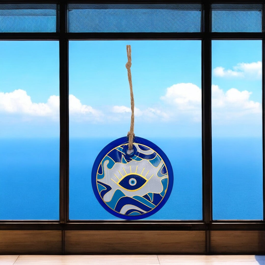 Handmade, Round Evil Eye, Pattern Glass, Wall Ornament, Ocean Blues