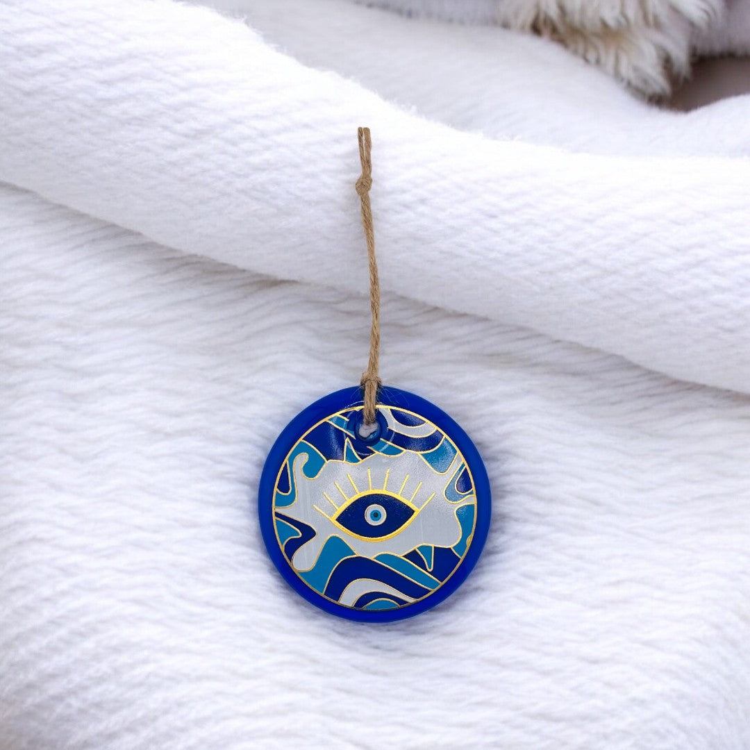 Handmade, Round Evil Eye, Pattern Glass, Wall Ornament, Ocean Blues