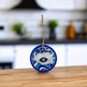 Handmade, Round Evil Eye, Pattern Glass, Wall Ornament, Ocean Blues