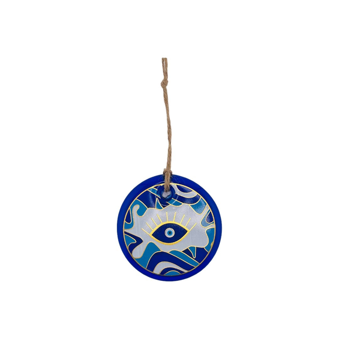 Handmade, Round Evil Eye, Pattern Glass, Wall Ornament, Ocean Blues