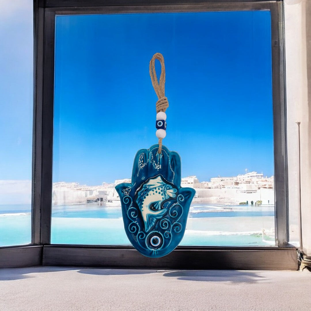 Ceramic Hamsa, Evil Eye, Fish Design, Blue, Wall Ornament, Home Protection