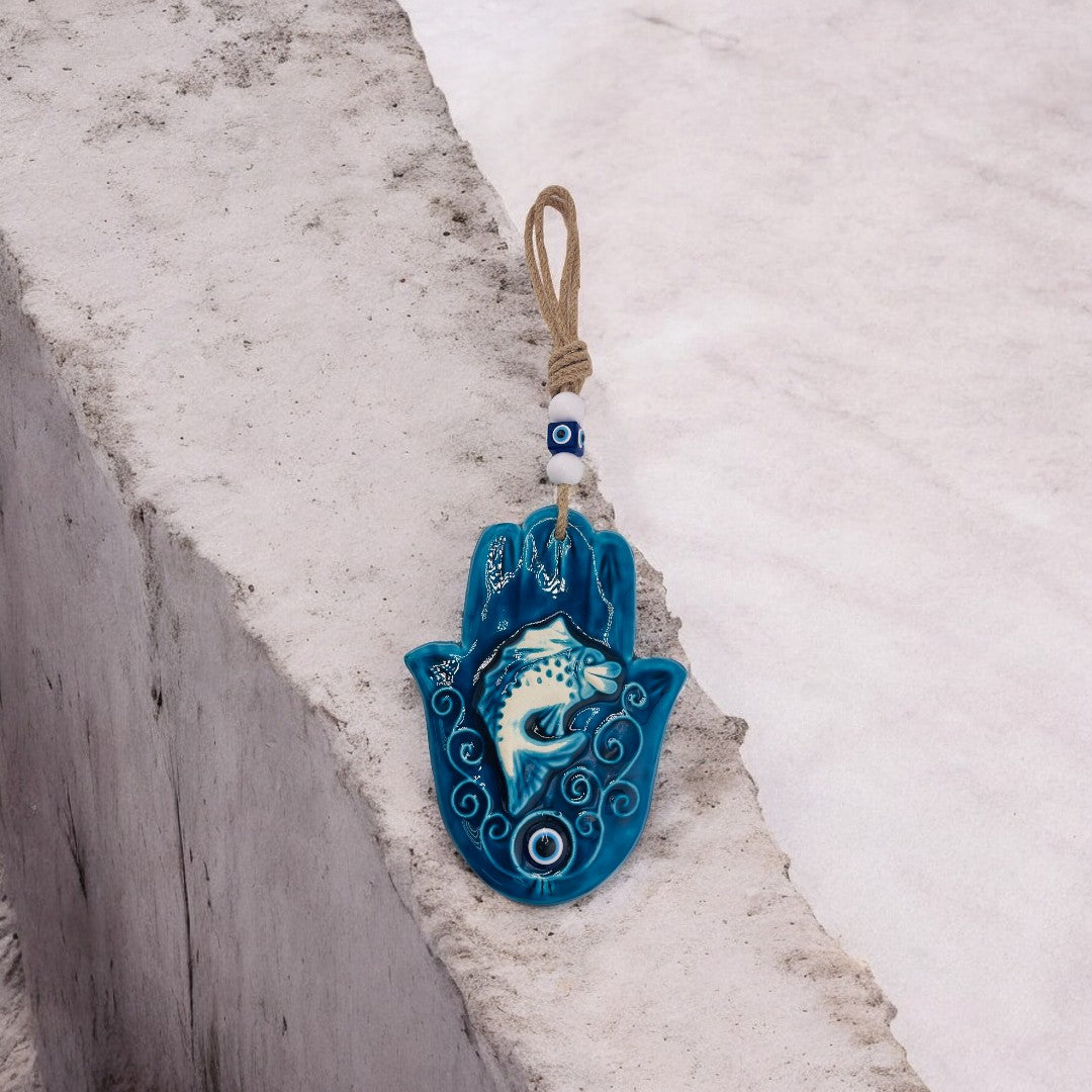 Ceramic Hamsa, Evil Eye, Fish Design, Blue, Wall Ornament, Home Protection