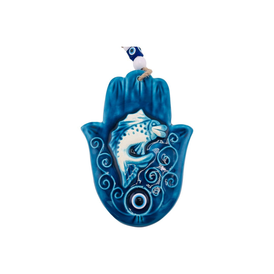 Ceramic Hamsa, Evil Eye, Fish Design, Blue, Wall Ornament, Home Protection