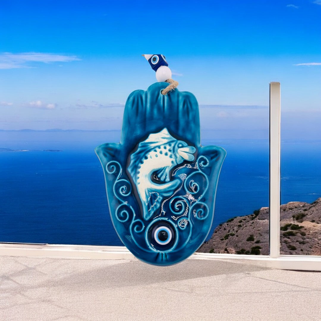 Ceramic Hamsa, Evil Eye, Fish Design, Blue, Wall Ornament, Home Protection