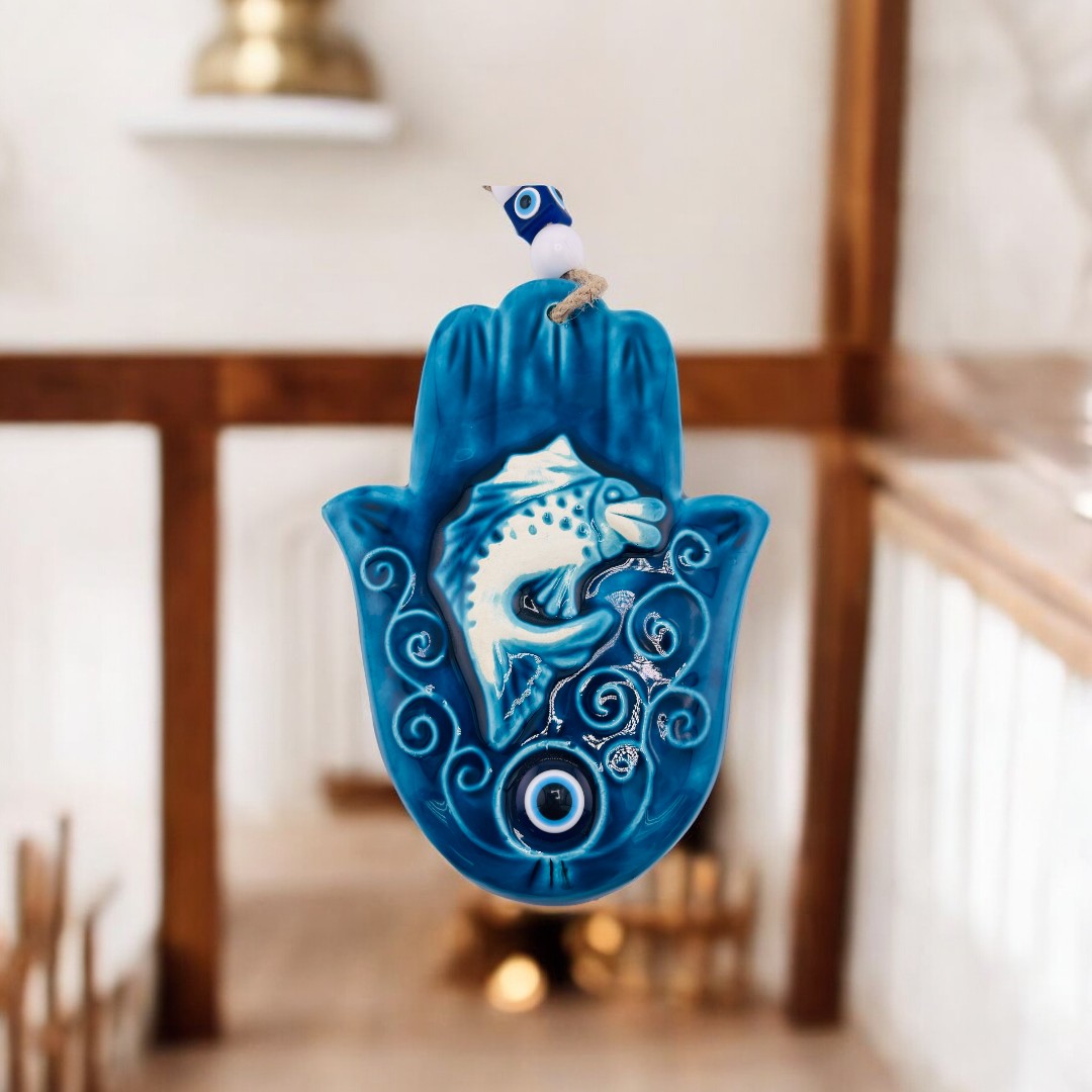 Ceramic Hamsa, Evil Eye, Fish Design, Blue, Wall Ornament, Home Protection