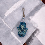 Ceramic Hamsa, Evil Eye, Floral Birds, Blue, Wall Ornament, Home Protection