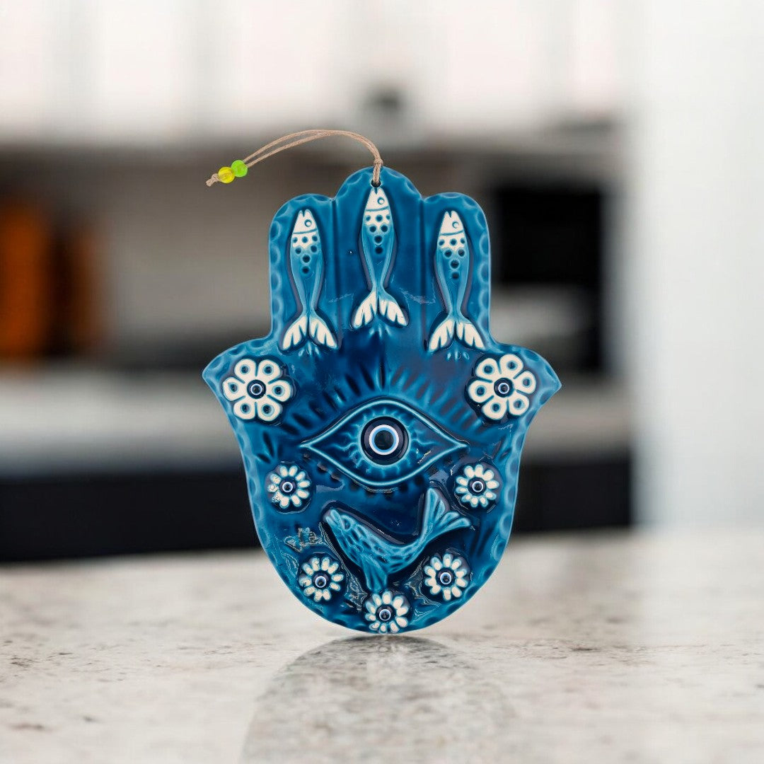 Large Blue Ceramic Hamsa Wall Hanging with Fish, Flowers, and Central Evil Eye Design, Stunning Gift for Home Decor Piece