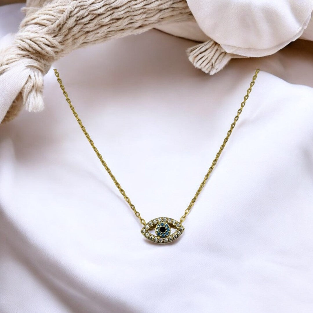 Gold-Plated, Sterling Silver, Pendant Necklace, Zircon, Evil Eye, Clear, Soft Blue, Lobster Clasp