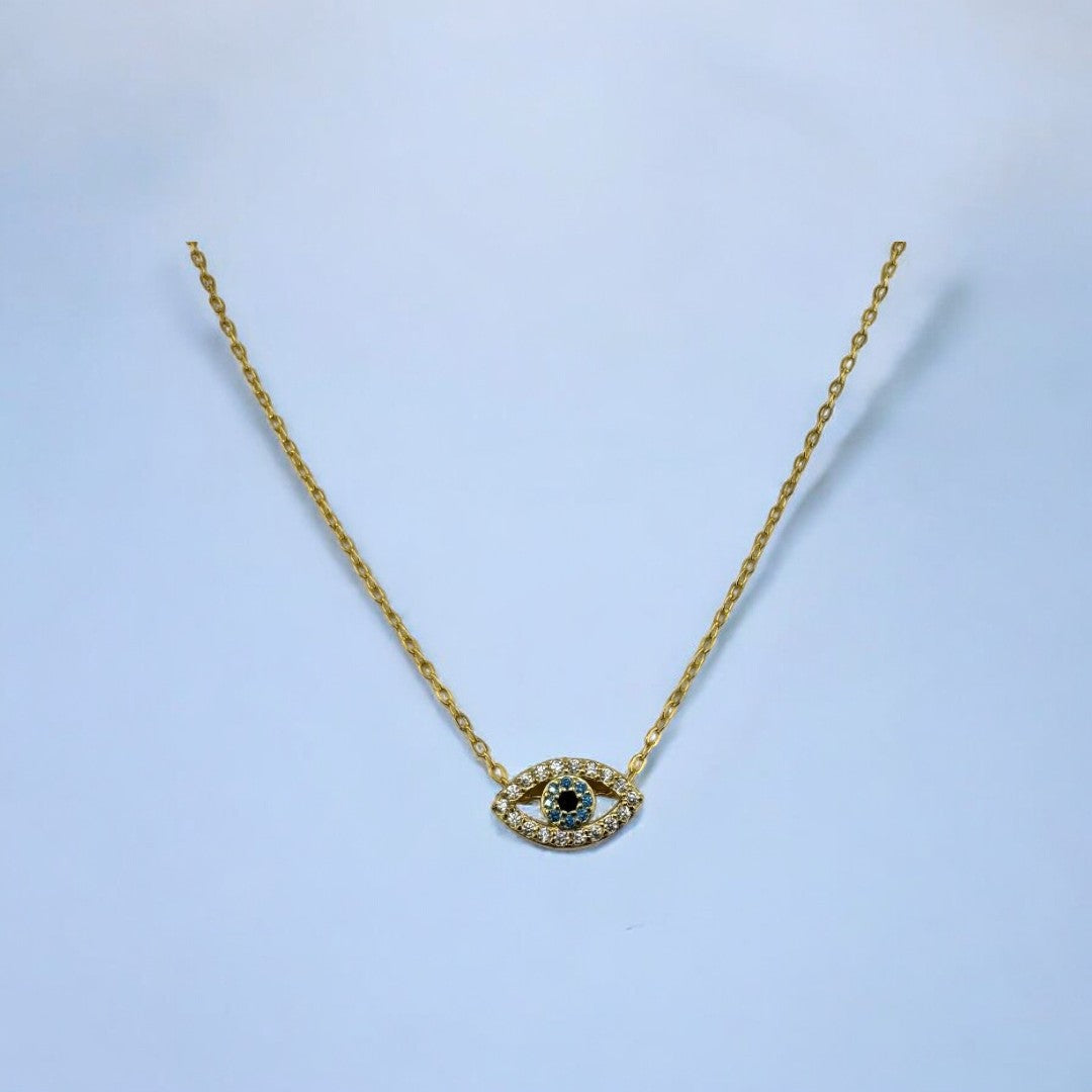 Gold-Plated, Sterling Silver, Pendant Necklace, Zircon, Evil Eye, Clear, Soft Blue, Lobster Clasp