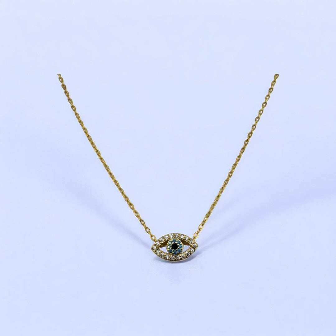 Gold-Plated, Sterling Silver, Pendant Necklace, Zircon, Evil Eye, Clear, Soft Blue, Lobster Clasp