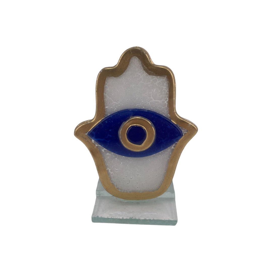 Evil Eye, Fused Glass, Gold Trim White Hamsa, Handcrafted, Table Accent, Protection Gift