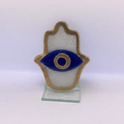 Evil Eye, Fused Glass, Gold Trim White Hamsa, Handcrafted, Table Accent, Protection Gift