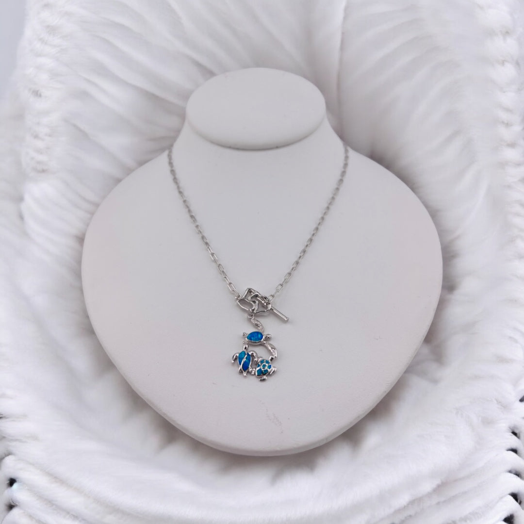 Sterling Silver, Blue Opal, Turtles, Pendant, Necklace - Oceanic Serenity