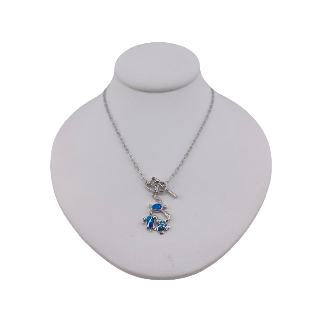 Sterling Silver, Blue Opal, Turtles, Pendant, Necklace - Oceanic Serenity