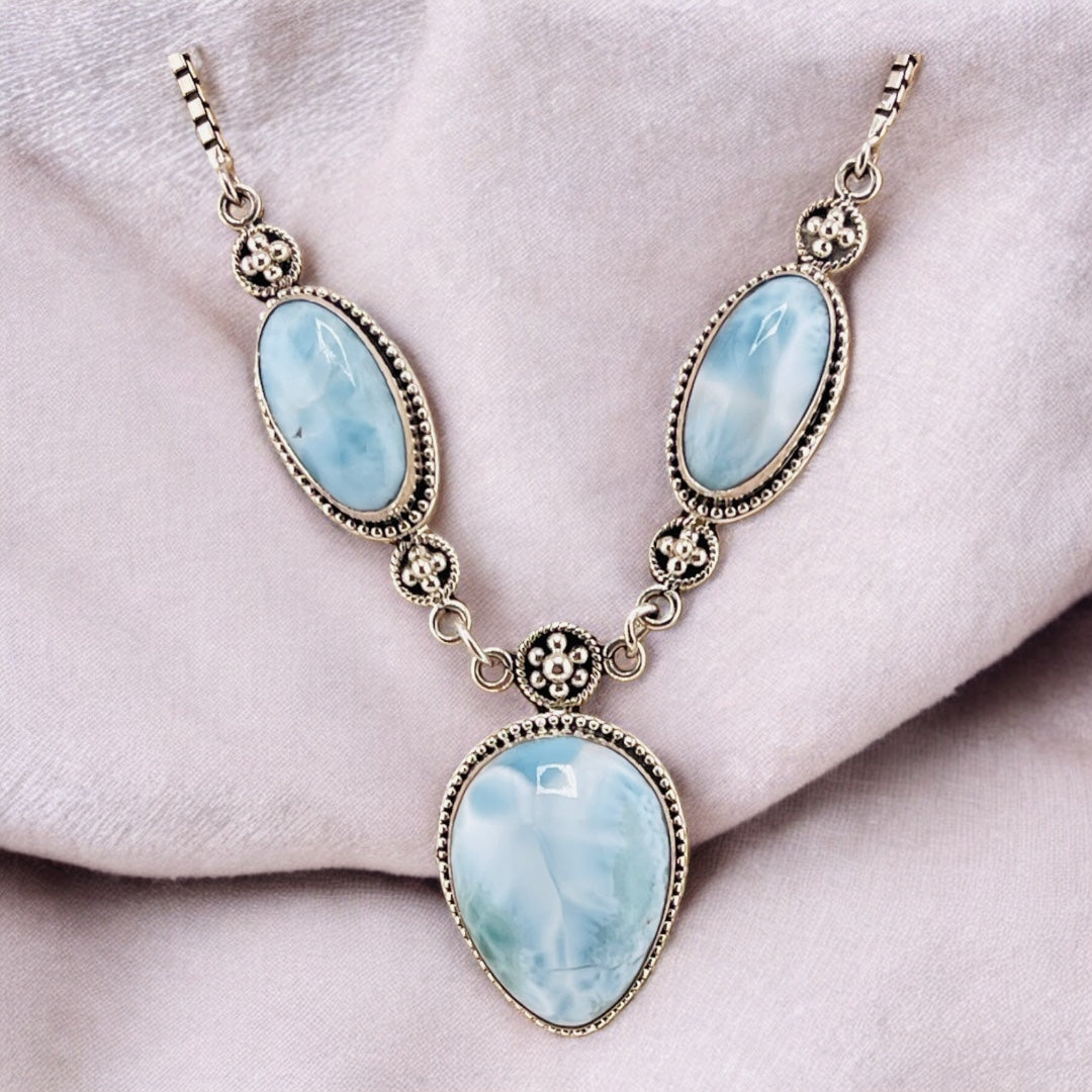 Sterling Silver, Larimar, Oval, Triple Stone, Necklace - Vintage Ocean Dreams