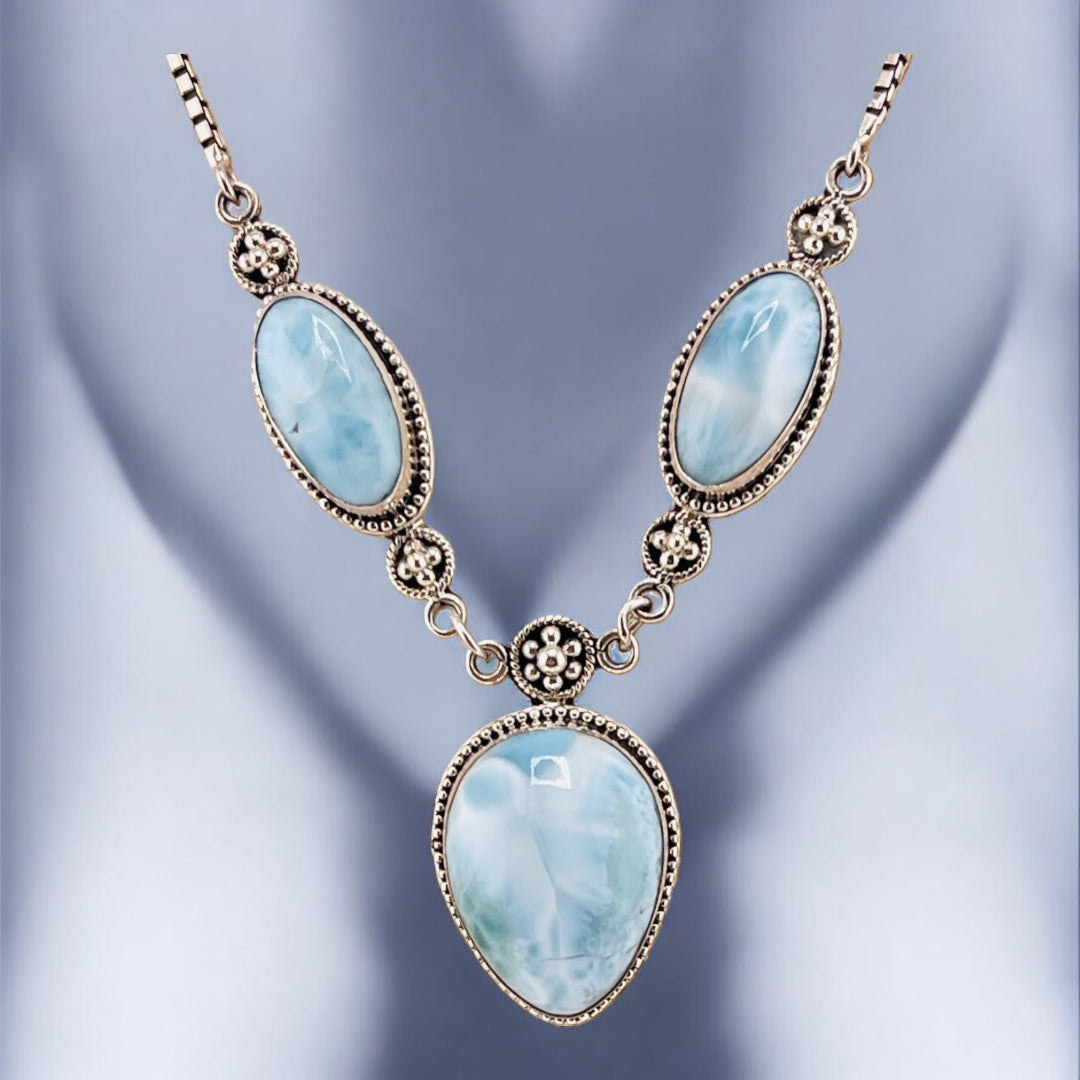 Sterling Silver, Larimar, Oval, Triple Stone, Necklace - Vintage Ocean Dreams