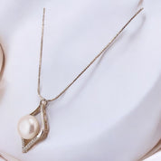 Sterling Silver, Freshwater Pearl, Zircon, Diamond- Shaped, Pendant, Necklace