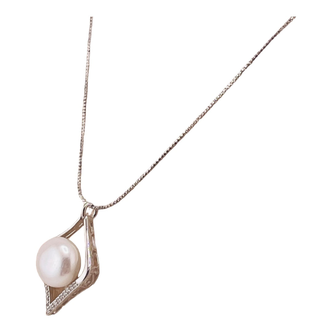 Sterling Silver, Freshwater Pearl, Zircon, Diamond- Shaped, Pendant, Necklace