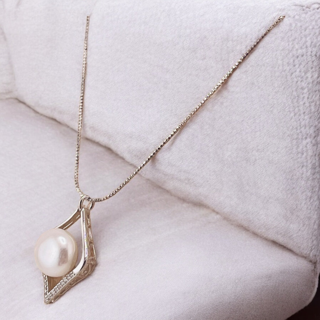 Sterling Silver, Freshwater Pearl, Zircon, Diamond- Shaped, Pendant, Necklace