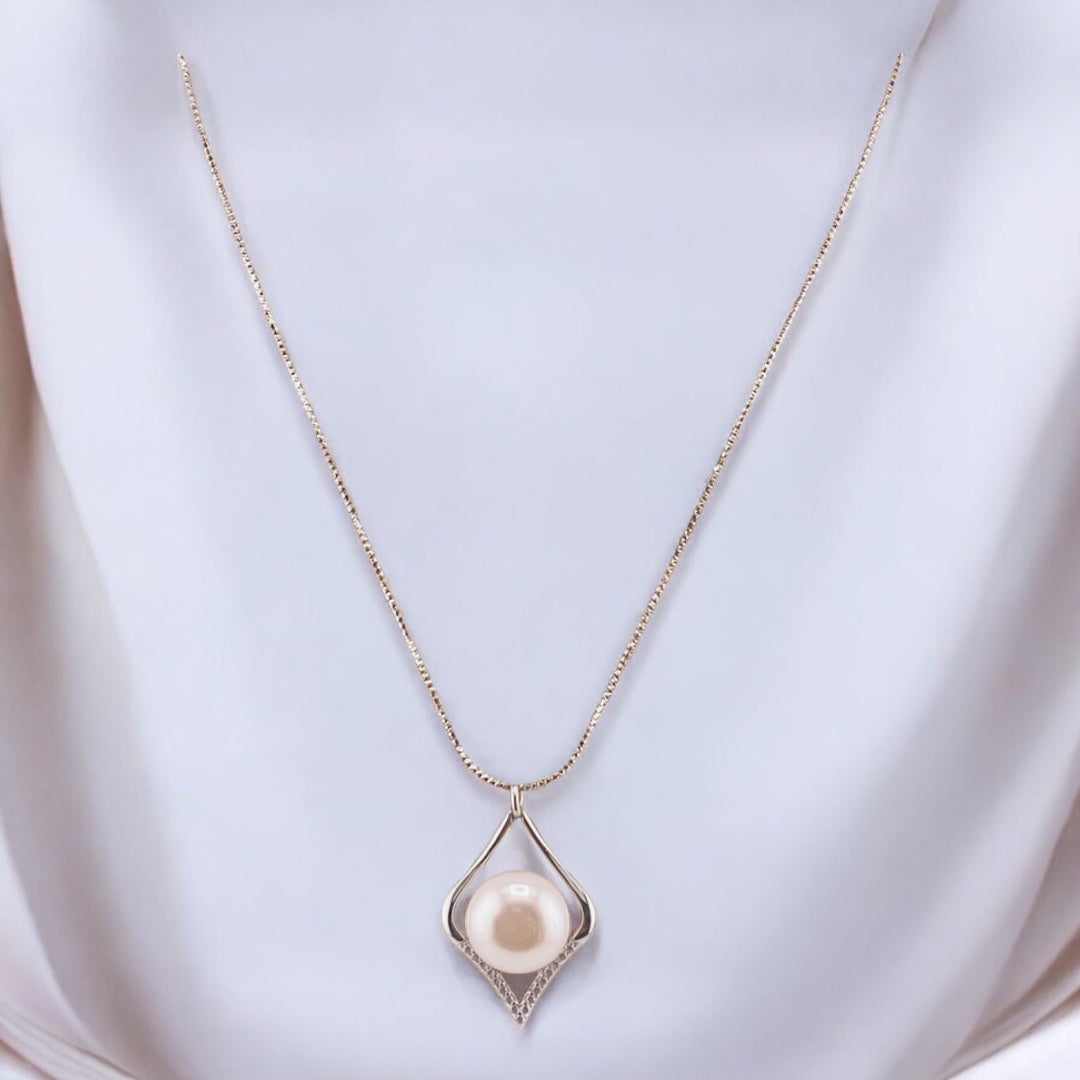 Sterling Silver, Freshwater Pearl, Zircon, Diamond- Shaped, Pendant, Necklace