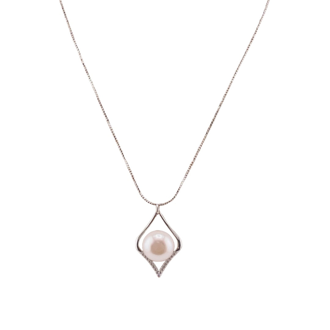 Sterling Silver, Freshwater Pearl, Zircon, Diamond- Shaped, Pendant, Necklace