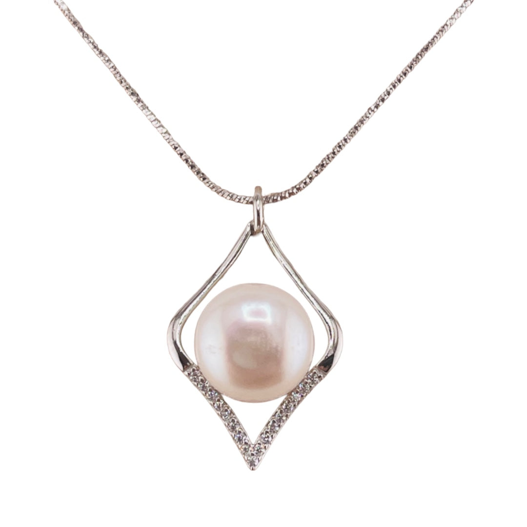 Sterling Silver, Freshwater Pearl, Zircon, Diamond- Shaped, Pendant, Necklace