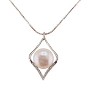 Sterling Silver, Freshwater Pearl, Zircon, Diamond- Shaped, Pendant, Necklace