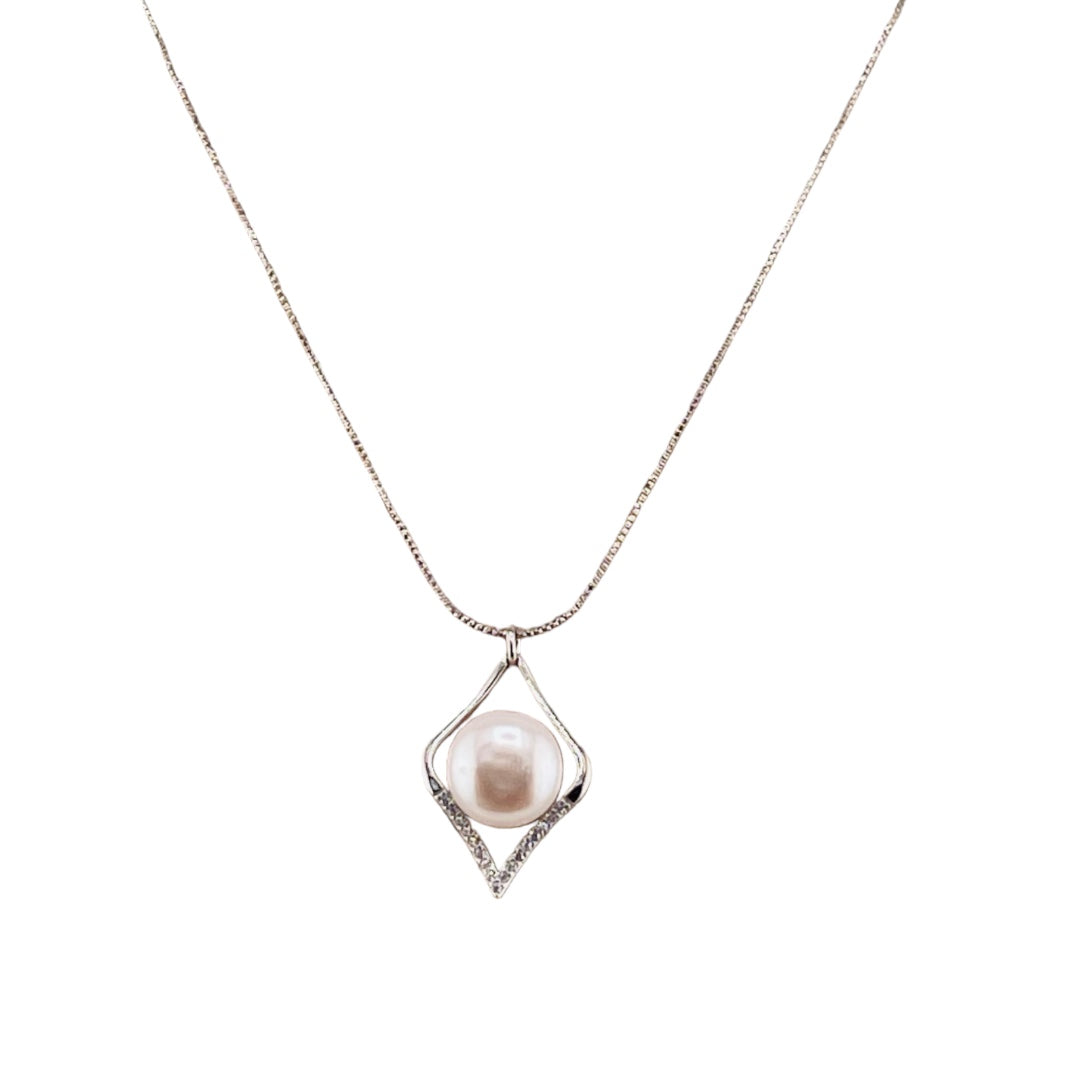 Sterling Silver, Freshwater Pearl, Zircon, Diamond- Shaped, Pendant, Necklace