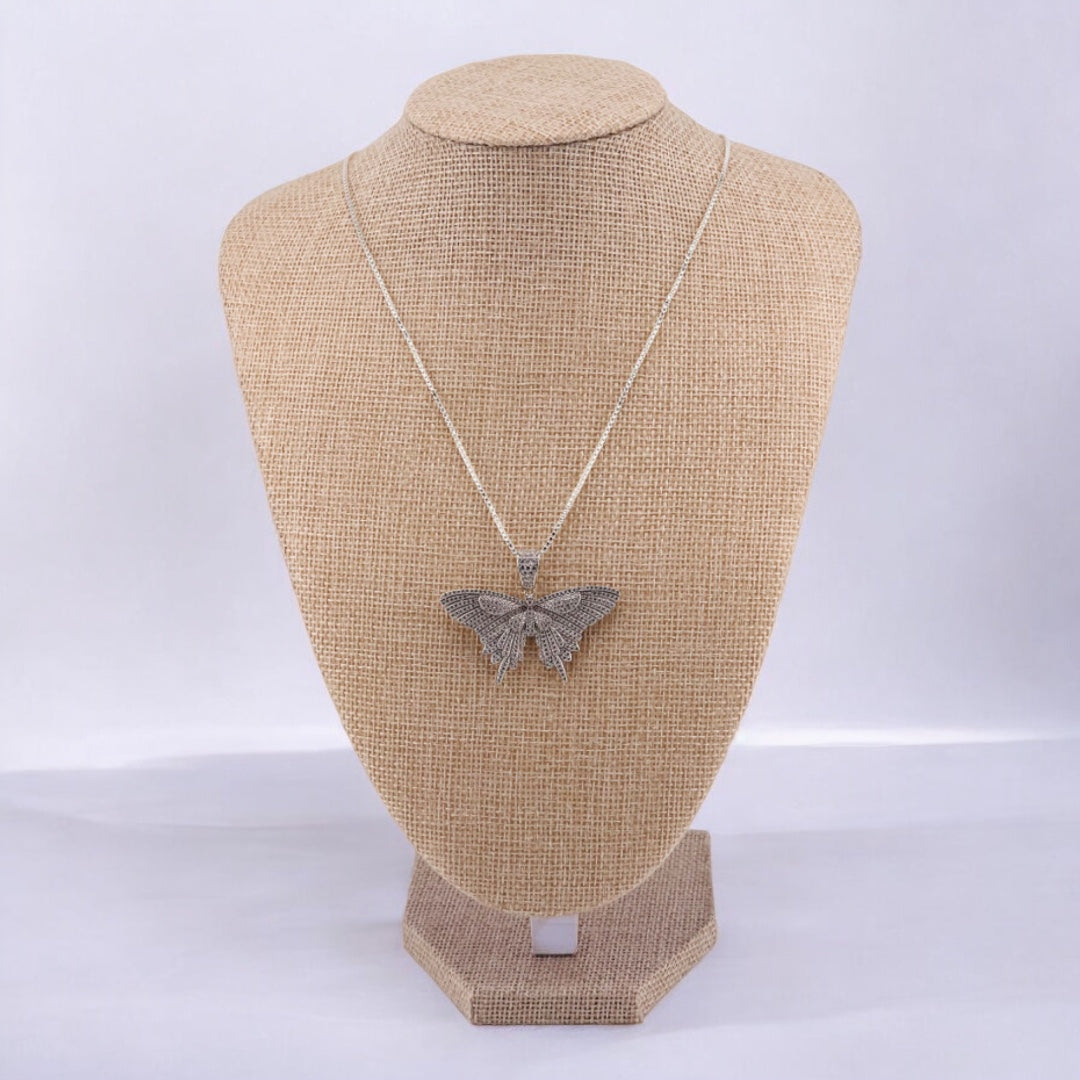 Sterling Silver, Zircon, Butterfly, Pendant, Necklace - Fluttering Elegance