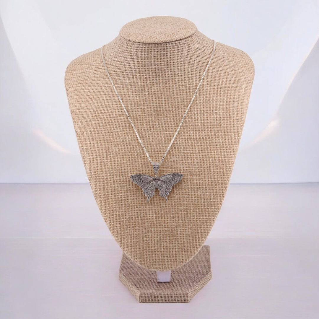 Sterling Silver, Zircon, Butterfly, Pendant, Necklace - Fluttering Elegance