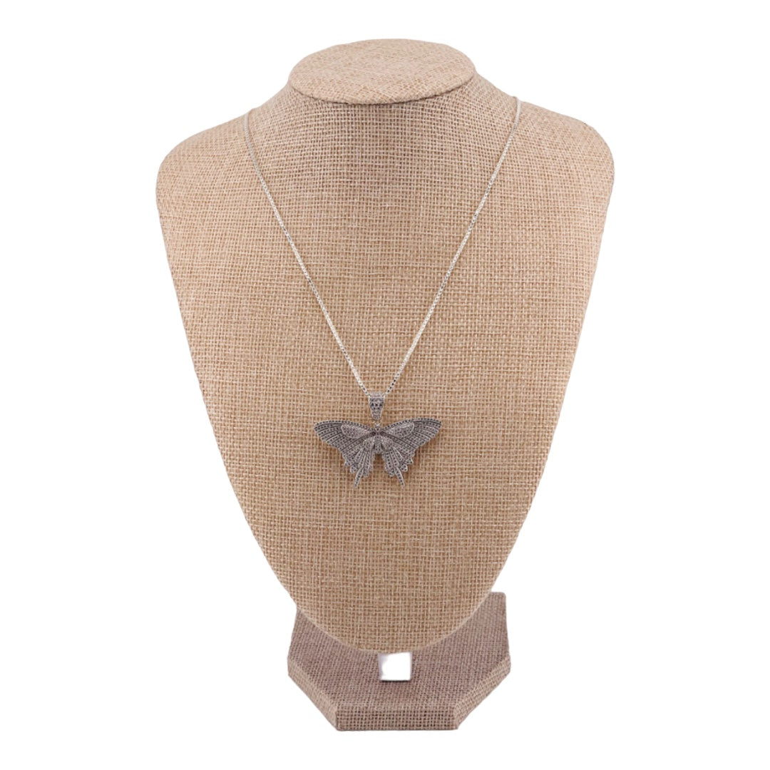 Sterling Silver, Zircon, Butterfly, Pendant, Necklace - Fluttering Elegance