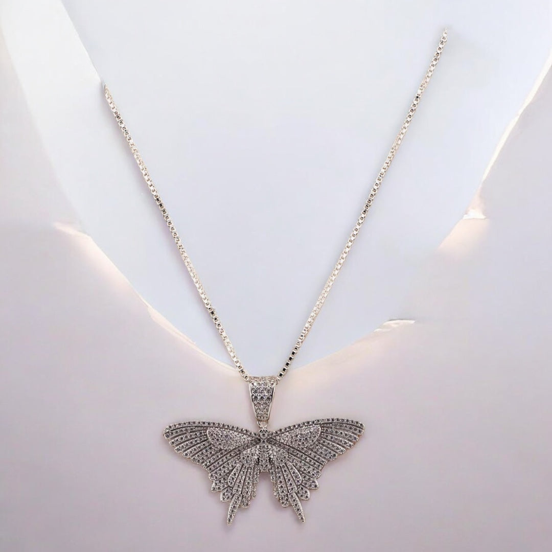 Sterling Silver, Zircon, Butterfly, Pendant, Necklace - Fluttering Elegance