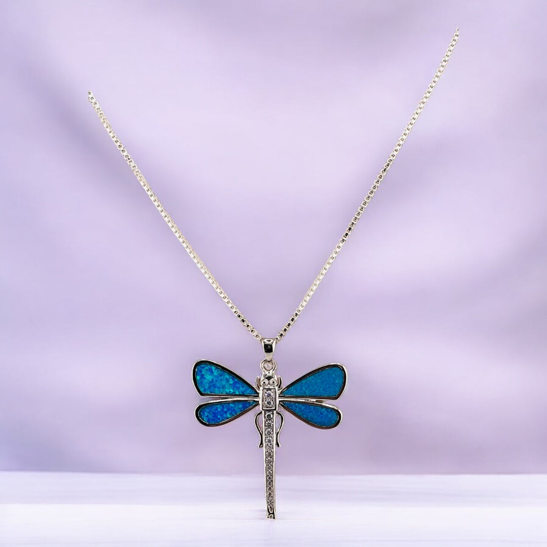 Sterling Silver, Zircon, Blue Opal, Dragonfly, Pendant, Necklace - Celestial Wings