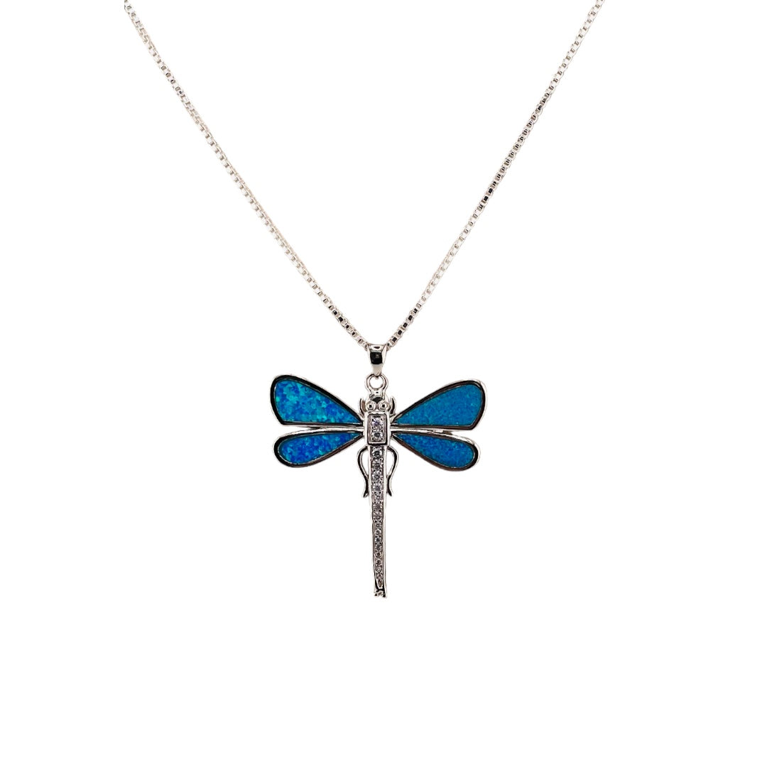 Sterling Silver, Zircon, Blue Opal, Dragonfly, Pendant, Necklace - Celestial Wings