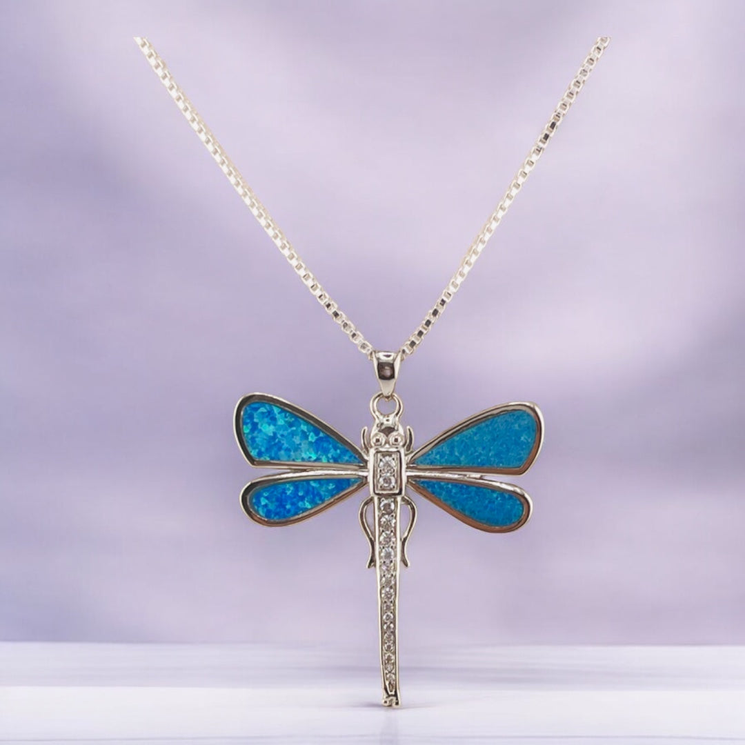 Sterling Silver, Zircon, Blue Opal, Dragonfly, Pendant, Necklace - Celestial Wings