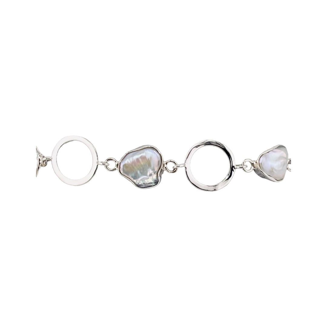 Coastal Serenity, Irregular Freshwater Pearl, Circle Link, Bracelet, Sterling Silver, Gift for her