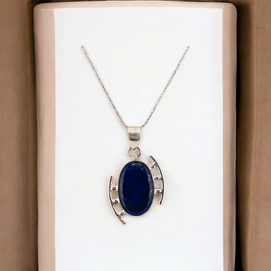 Sterling Silver, Natural Gemstone, Irregular Oval, Blue and Black, Pendant, Necklace