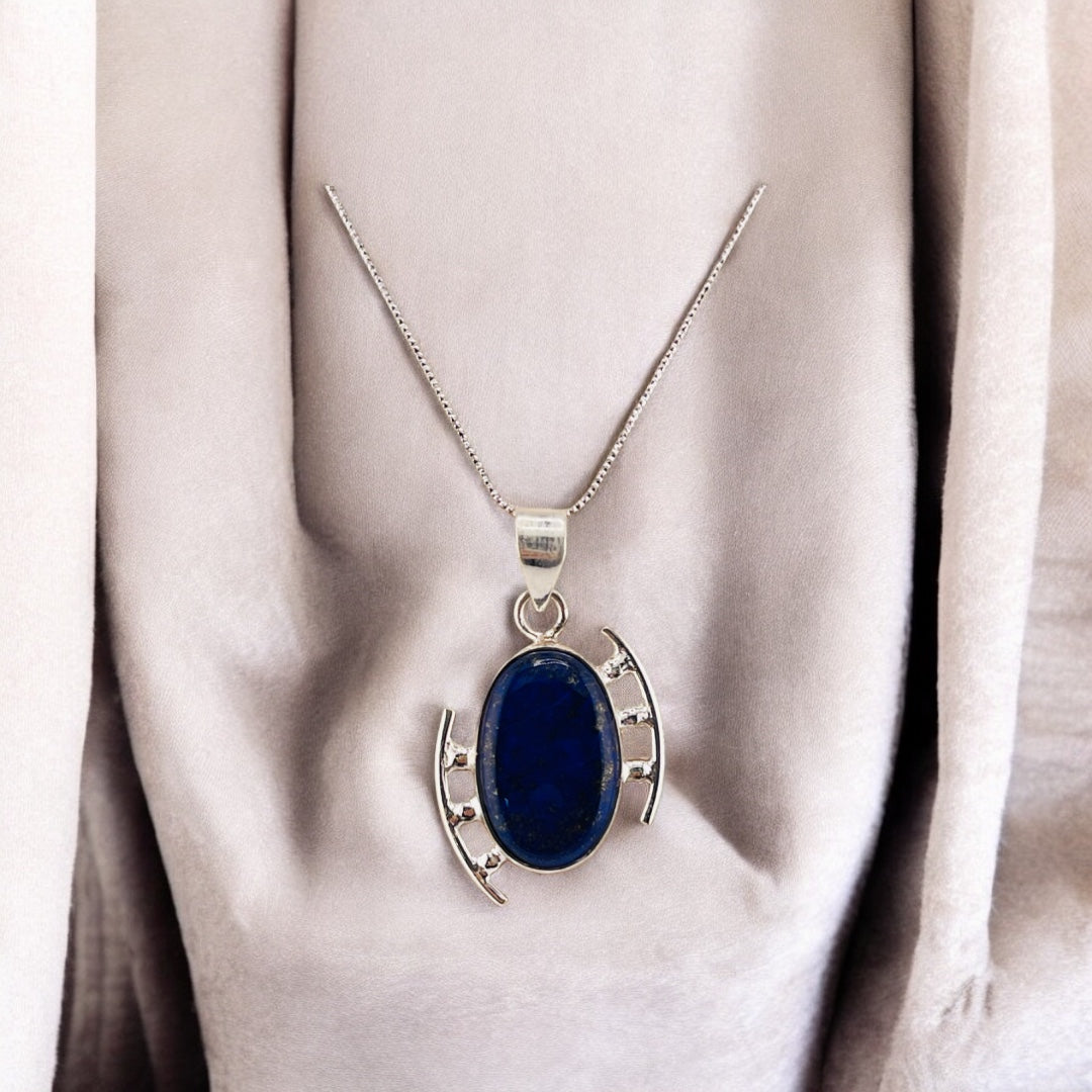 Sterling Silver, Natural Gemstone, Irregular Oval, Blue and Black, Pendant, Necklace